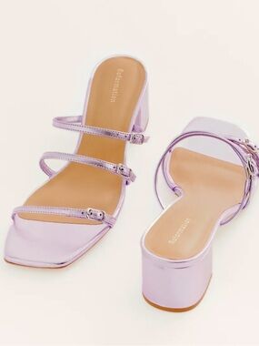 Reformation Estelle Metallic Lavender Buckle Strappy Block Heel Sandals